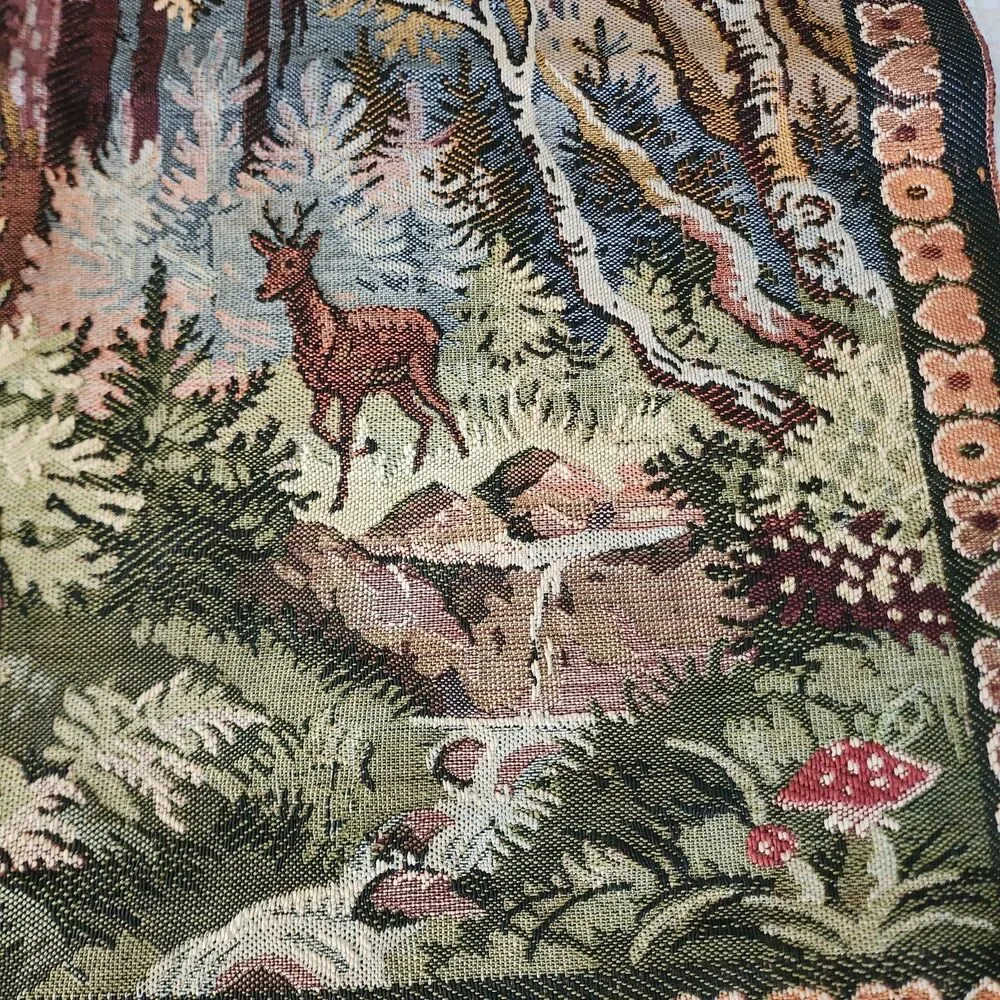 Vintage German Black Forest Gobelin Tapestry Wall Hanging Cottage Deer 50